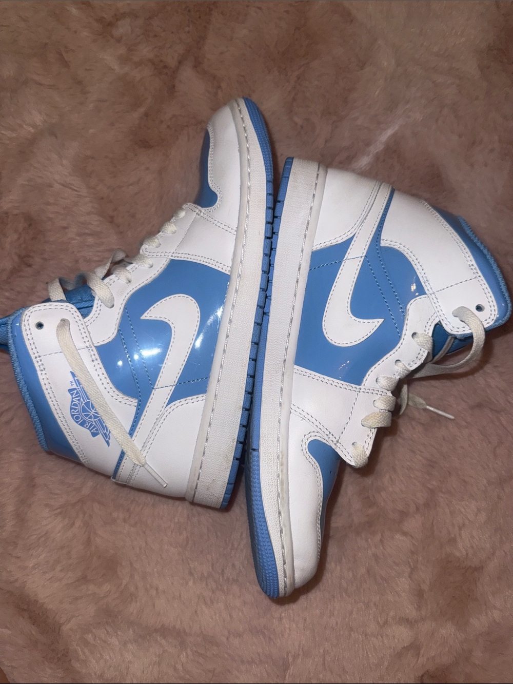 Men’s White and Light Blue glossy High-Top Air Jordans Sneakers